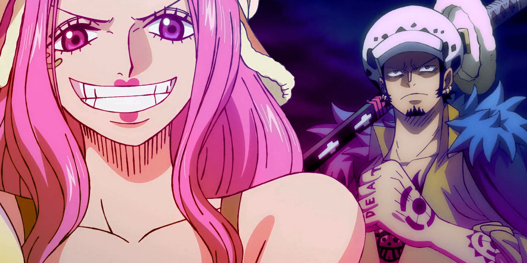 On the left, Jewelry Bonney smiles confidently. On the right, Trafalgar D. Law looks up with determination.