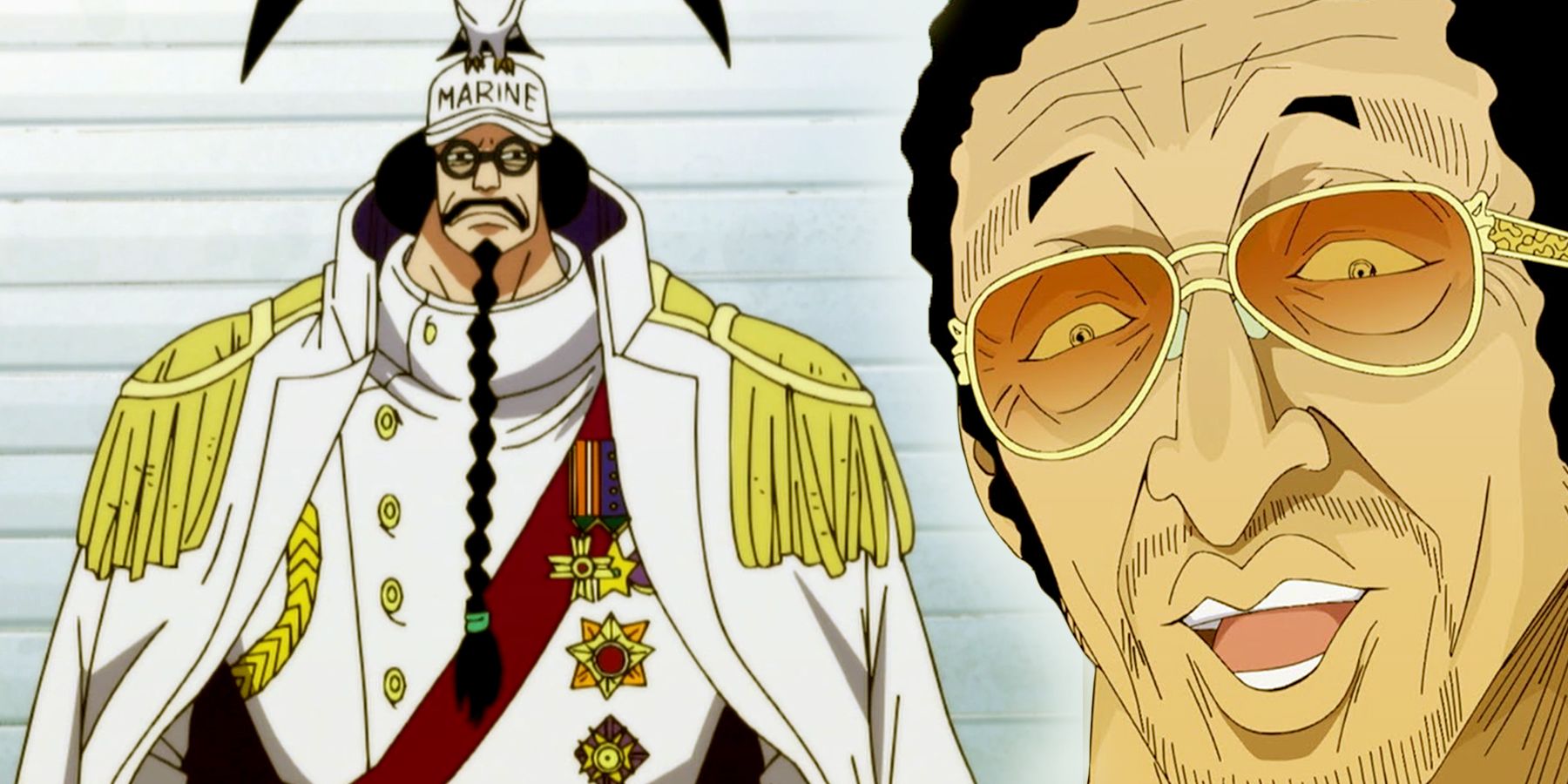 On the right, Kizaru raises his brows while talking. On the left, Sengoku stands solemnly.
