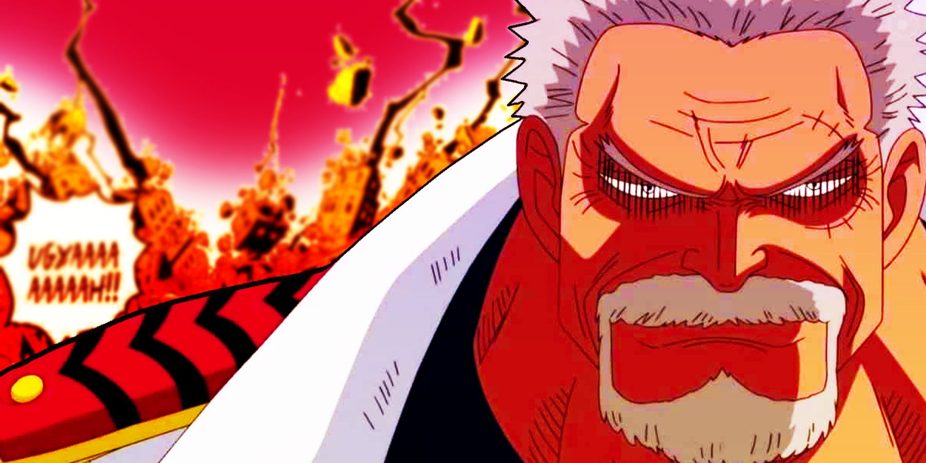 Admiral Garp in One Piece anime, a city crumbling behing him