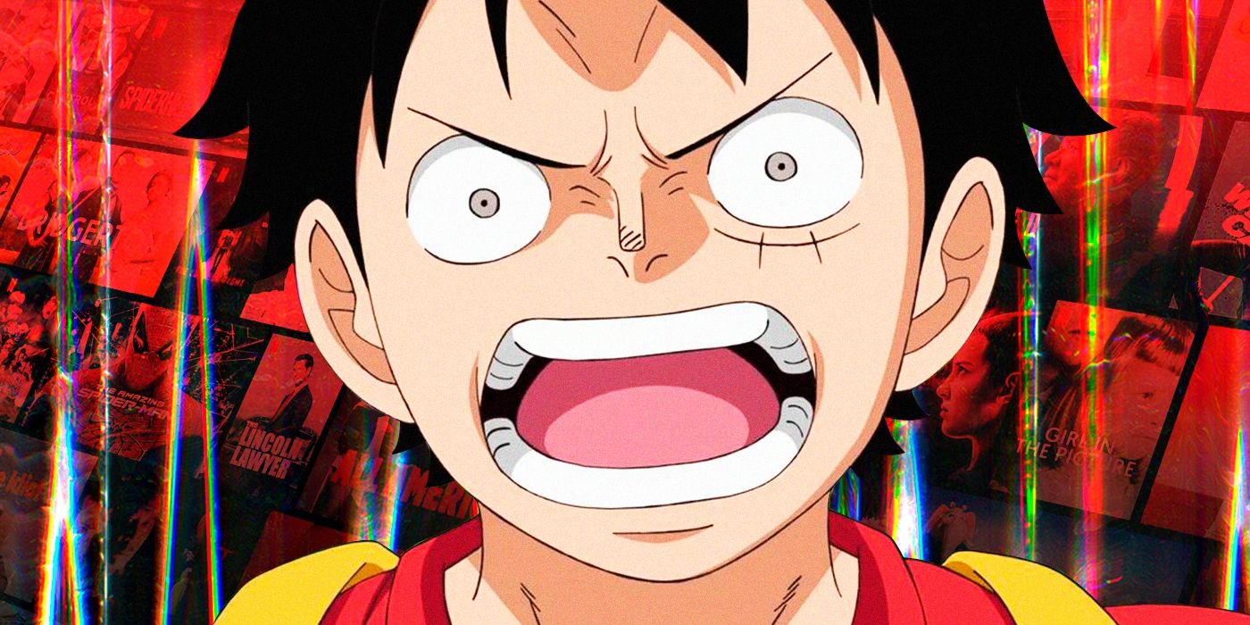 One Piece's Monkey D. Luffy in front of a Netflix-themed background