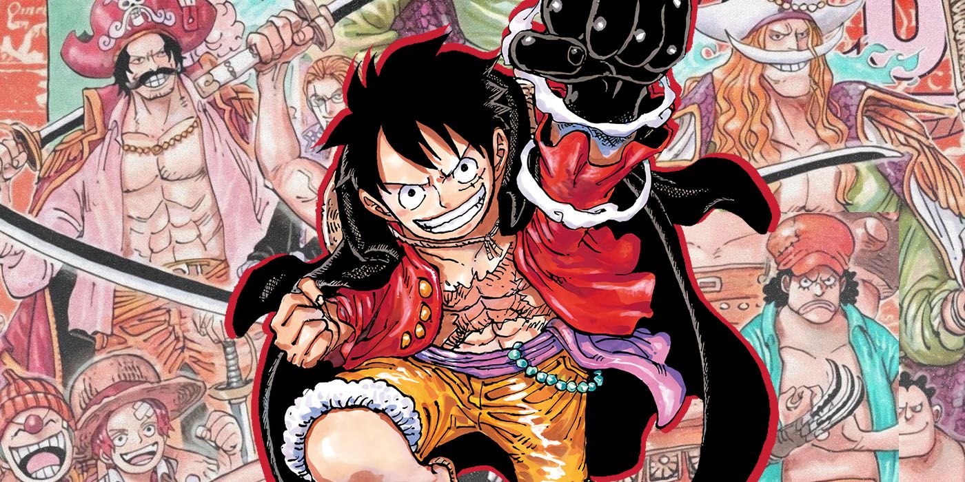 Monkey D. Luffy from One Piece manga lunging at reader with many characters behind him.