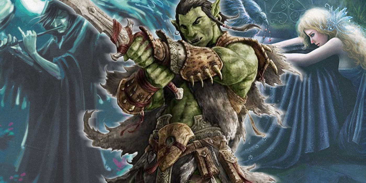 Um Orc Bárbaro brandindo uma espada em DnD