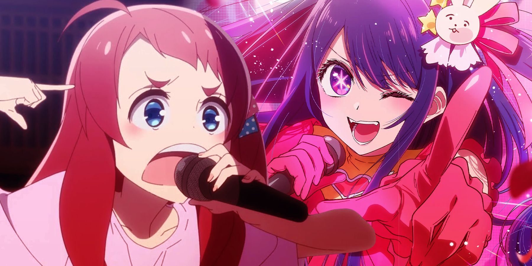 Sakura Minamoto of 'Zombie Land Saga' sings into a microphone intensely while making hand gestures. Ai Hoshino of 'Oshi No Koi' sings intro a microphone and winks.