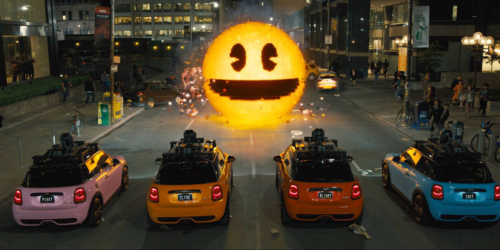 Pac-Man takes on four cars with each Ghost's name in pixels