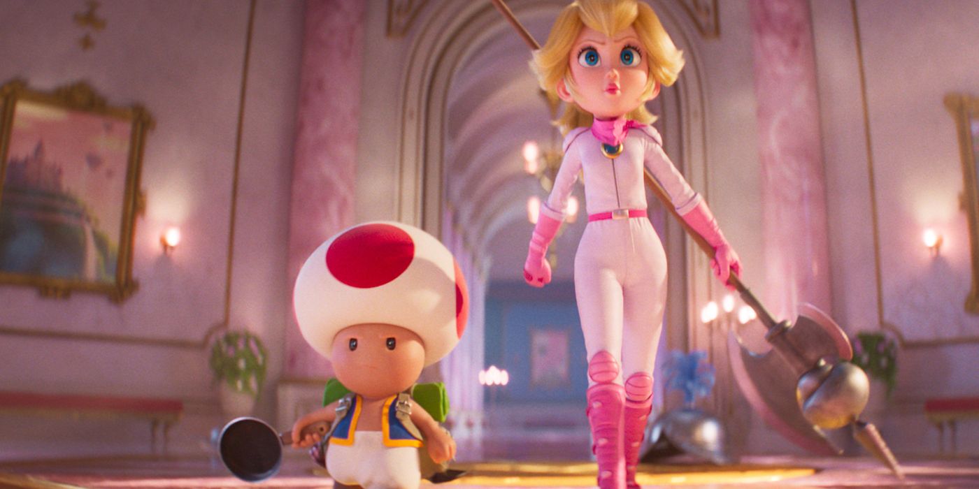 A princesa Peach se prepara para a batalha ao lado de Toad em Super Mario Bros. Movie.