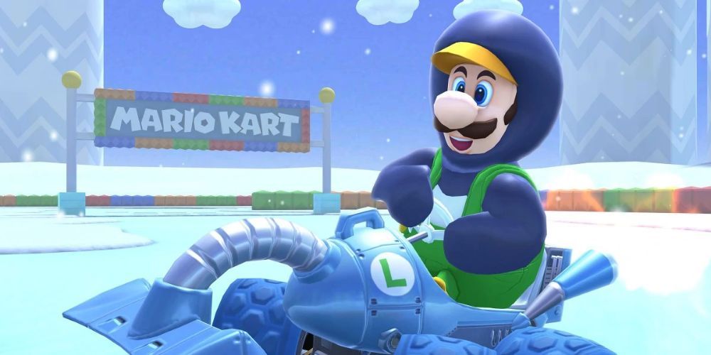 Pinguim Luigi em seu kart de Mario Kart Tour