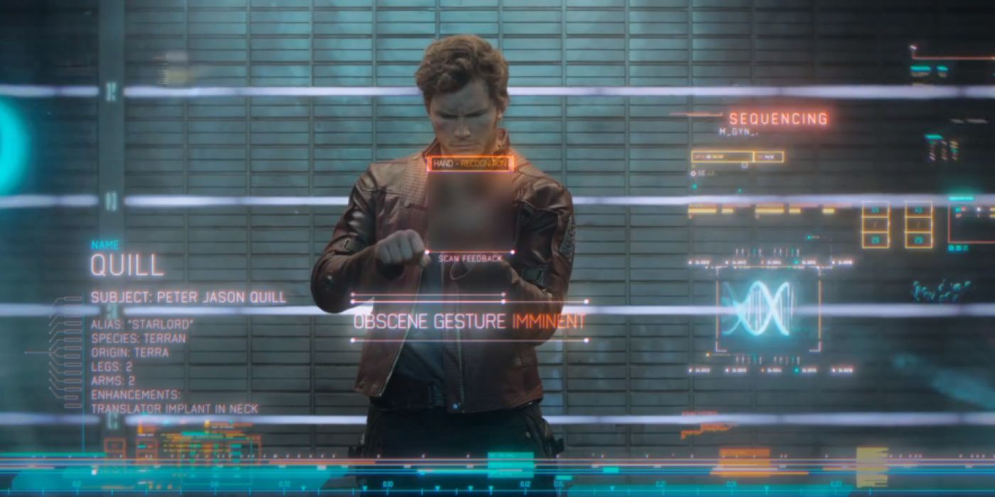 Peter Quill with a censored middle finger for his mugshot in Guardians of the Galaxy.