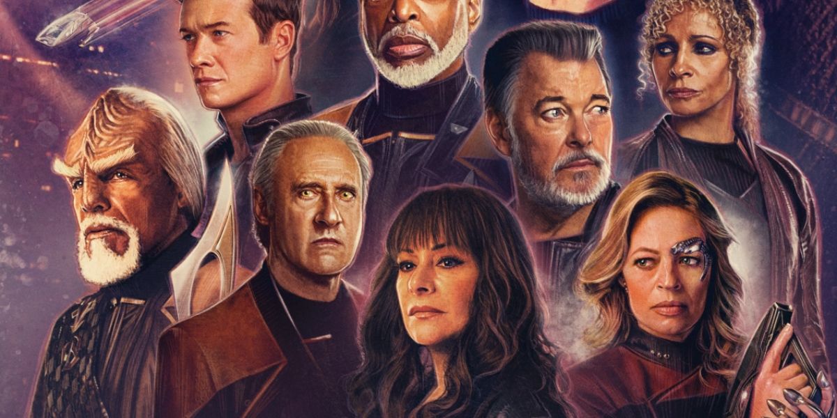 A cropped poster for Star Trek: Picard Season 3 featuring Jack Crusher, Geordi La Forge, Raffi Musiker, Worf, Lore, William Riker, Deanna Troi and Seven of Nine