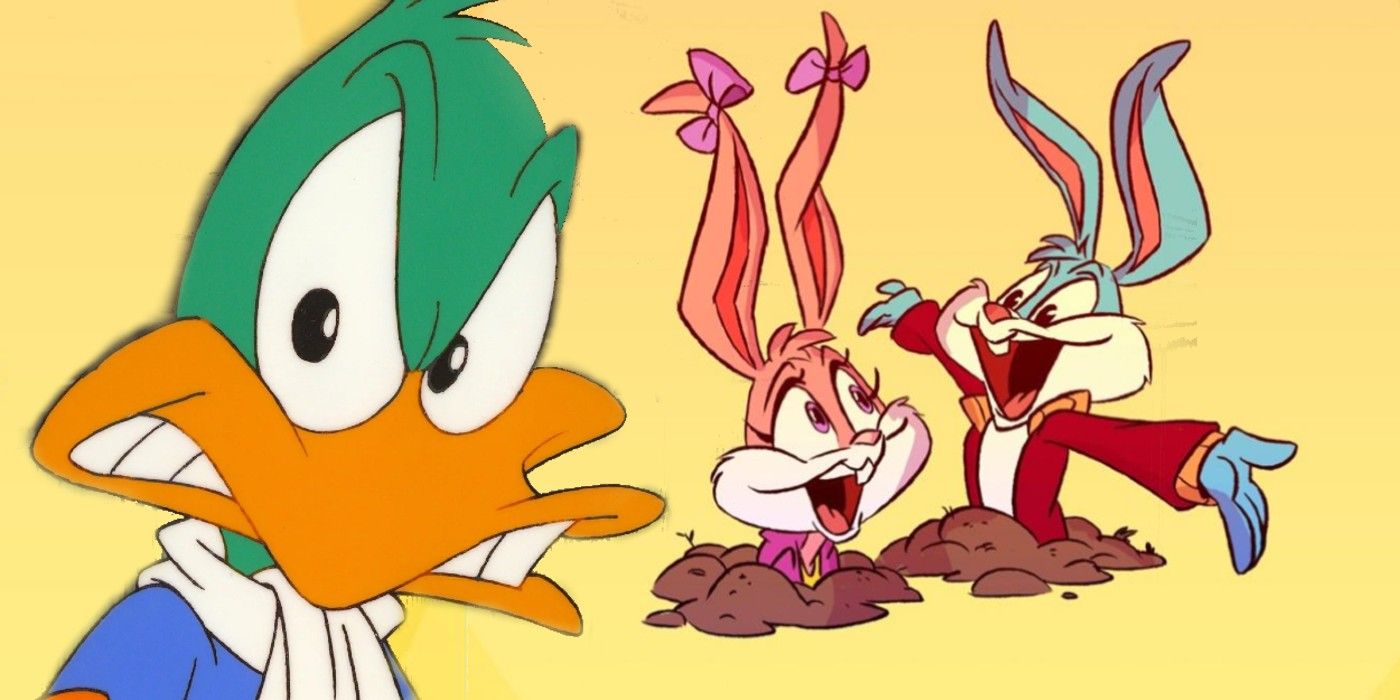 Tiny Toons' Plucky Duck looks at the camera angrily while Babs & Buster Bunny cheer from the ground.