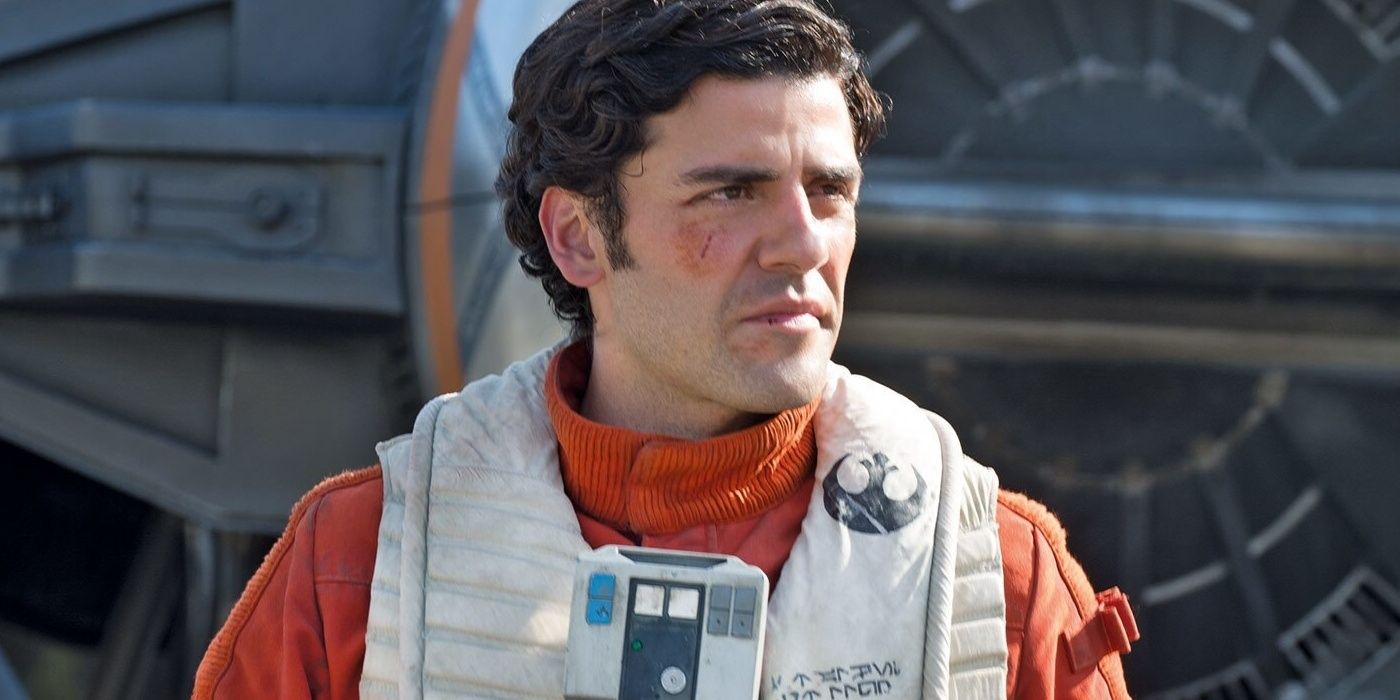 Poe Dameron with a scar in Star Wars: The Force Awakens.
