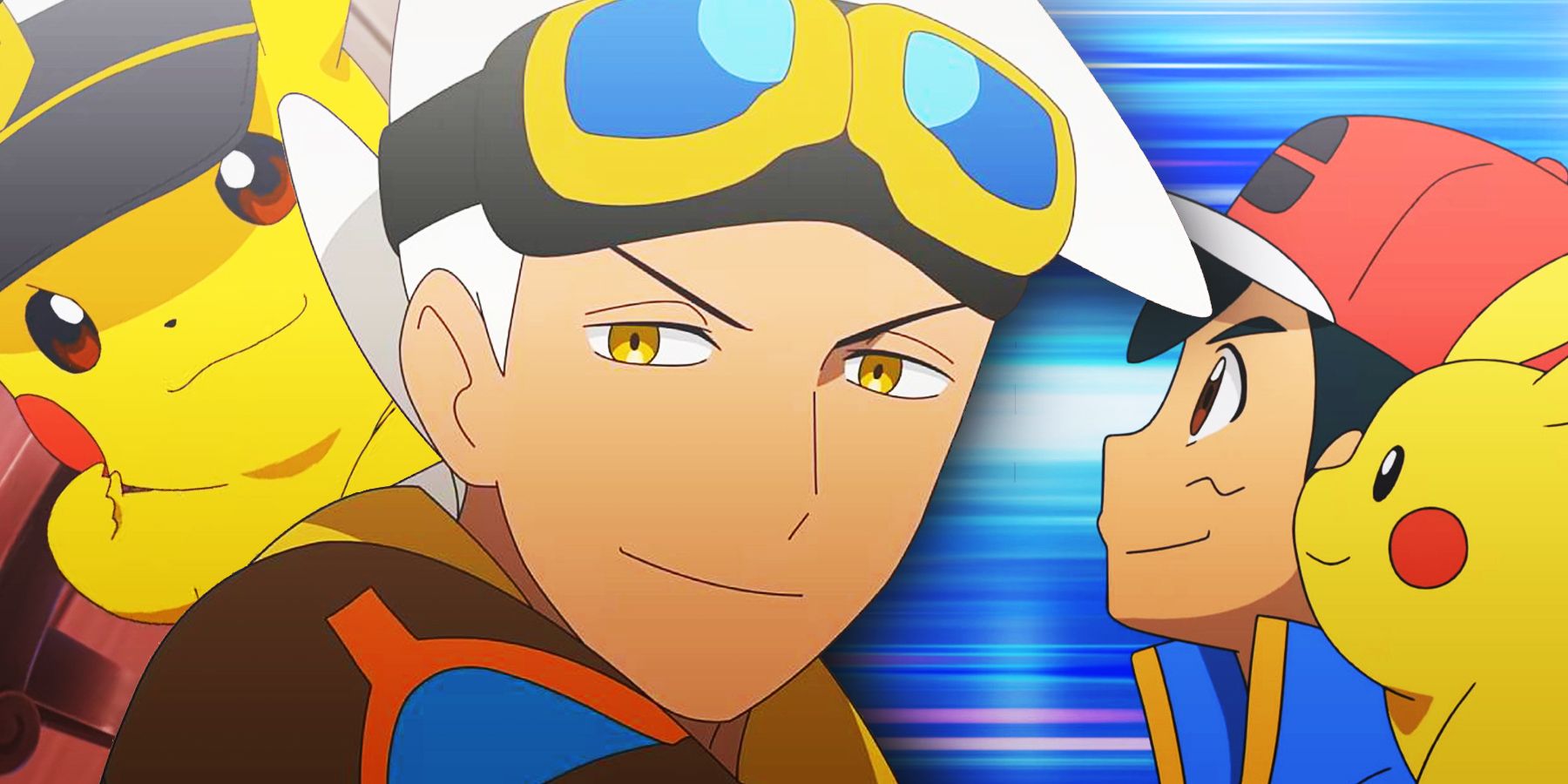 Friede of Pokemon Horizons with his Pikachu, and Ash with his Pikachu.