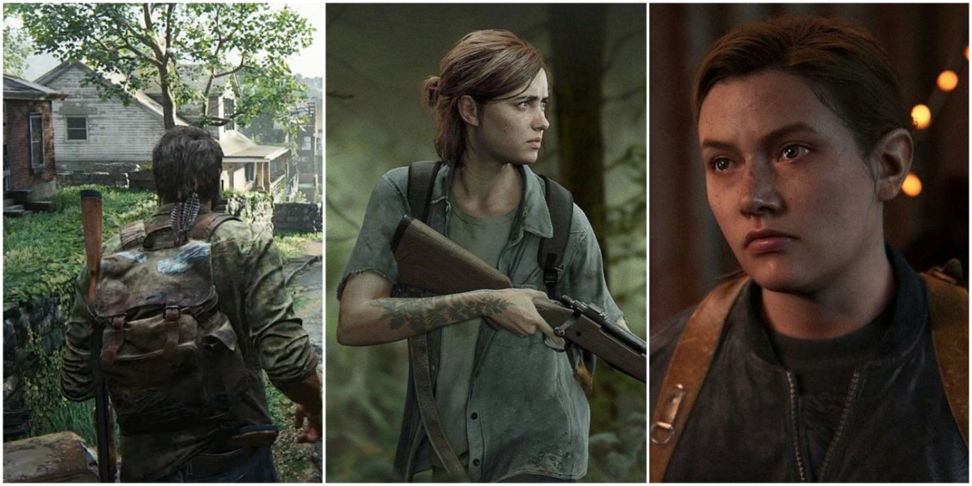 A split image showing Joel Miller in The Last of Us, Ellie, and Abby Anderson in The Last of Us Part II