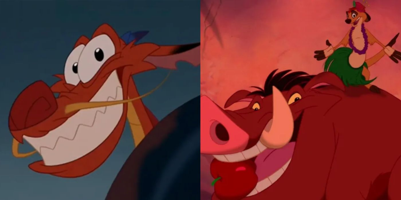 Mushu grinning from Mulan and Timon on top of Pumba in The Lion King. 