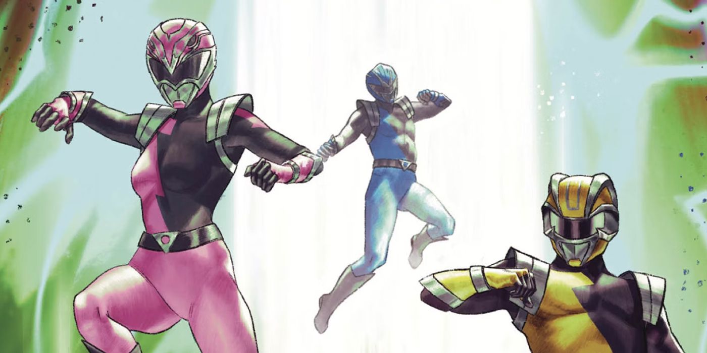 the pink, yellow, and blue hyperforce power rangers leaping through the air as a green beam of energy touches down behind them