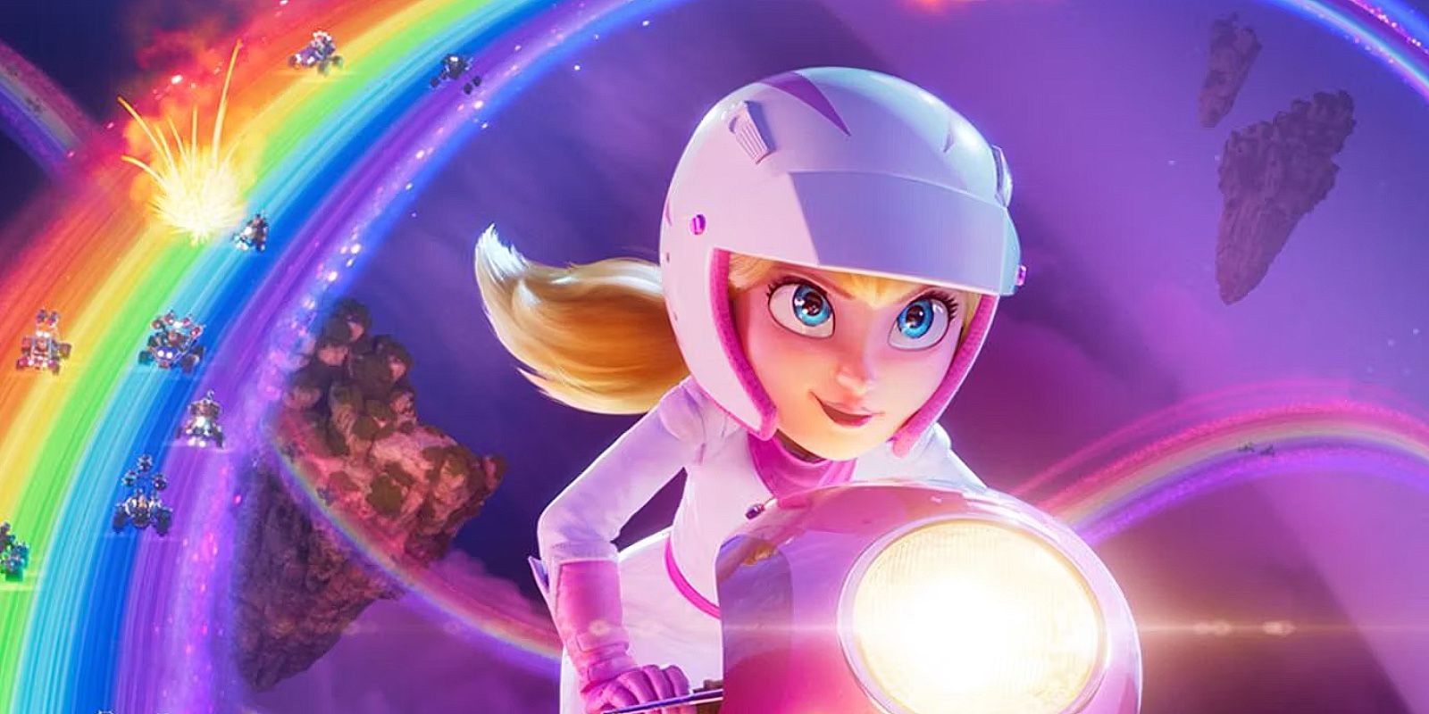 Princess Peach Races her motorcycle on Rainbow Road in The Super Mario Bros. Movie.