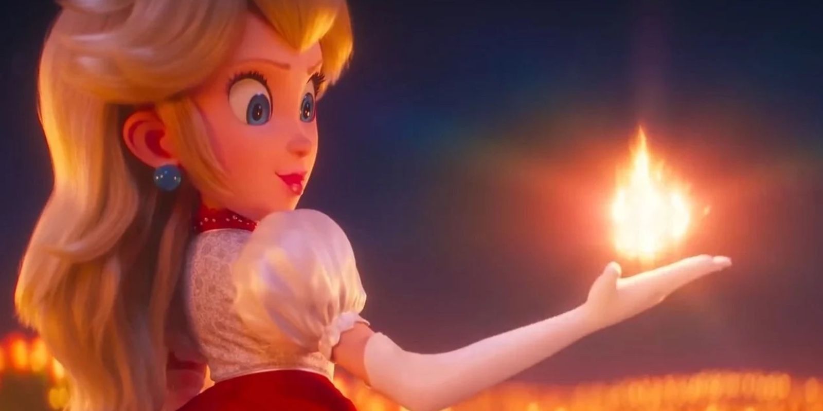 Princesa Peach ensina Mario sobre power-ups com uma flor de fogo no filme de 2023 The Super Mario Bros. 