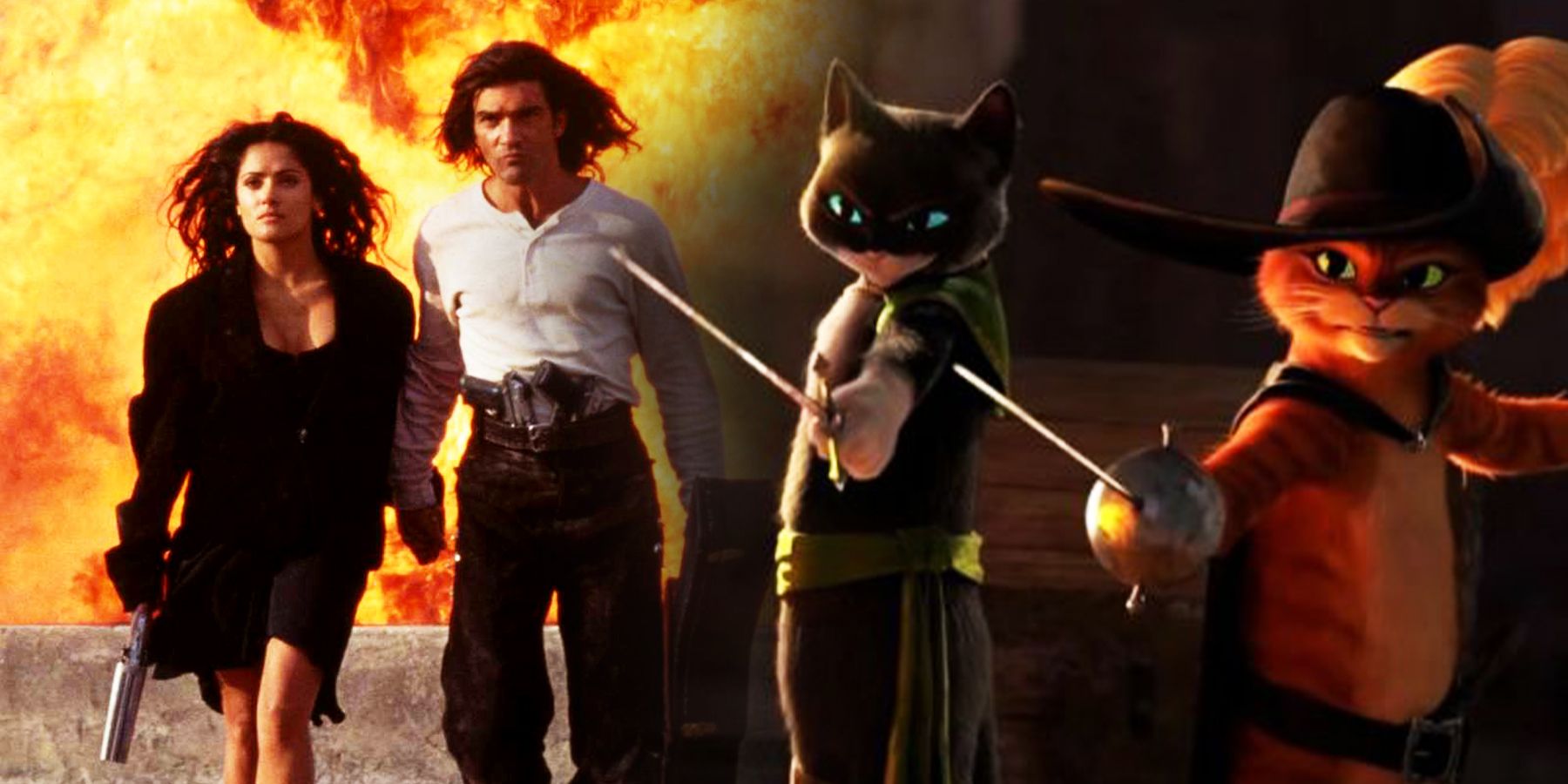 On the left, Carolina and El Mariachi of 'Desperado' walk away from an explosion. On the right, Kitty Softpaws and Puss in Boots point their swords. 
