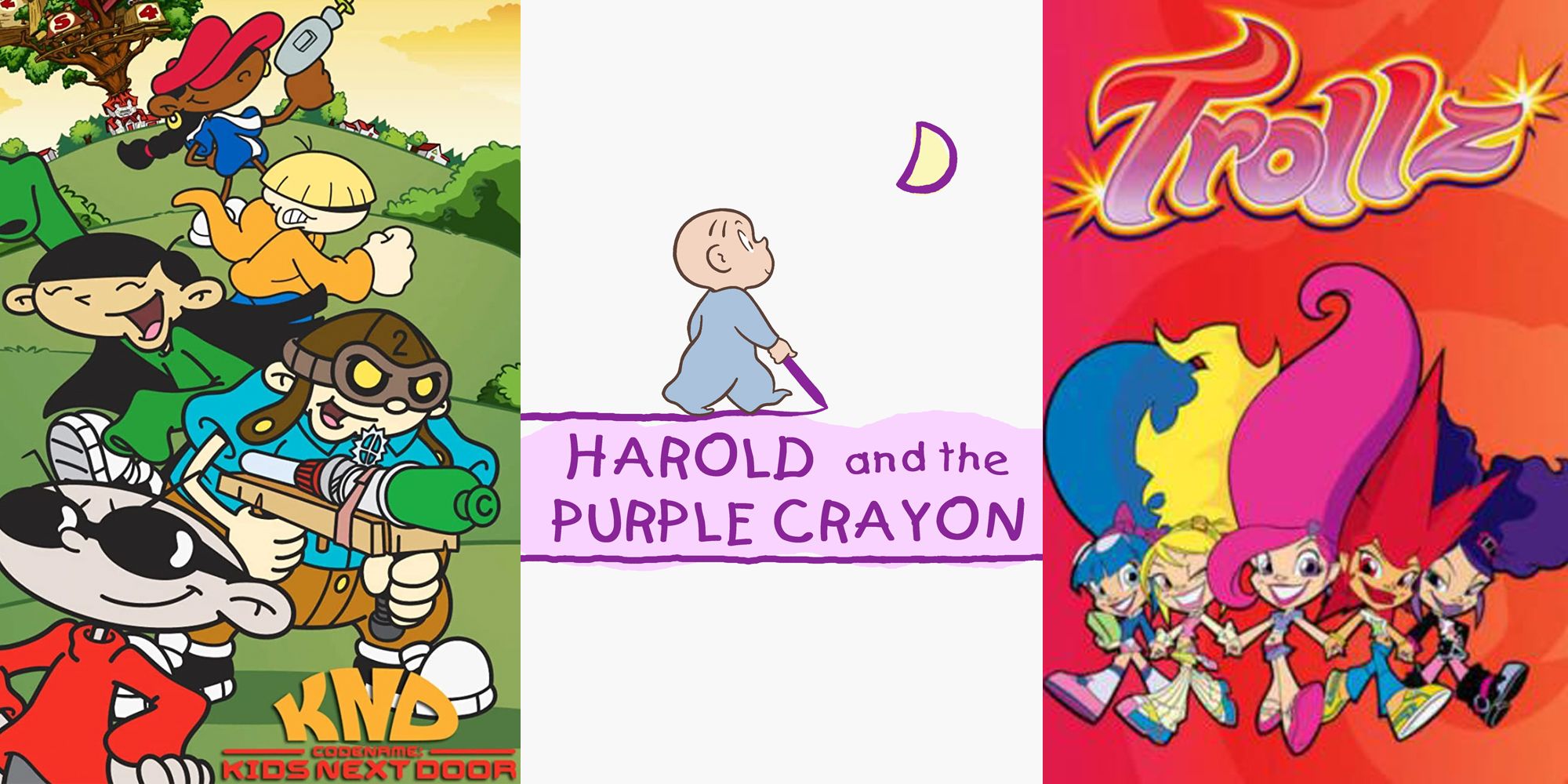 Title screen images from Codename: Kids Next Door, Harold and the Purple Crayon, and Trollz.