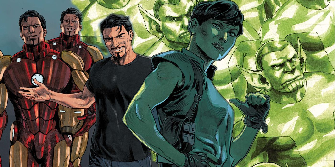 Maria Hill standing in front of Iron Man and an army of Skrulls in the Secret Invasion comic