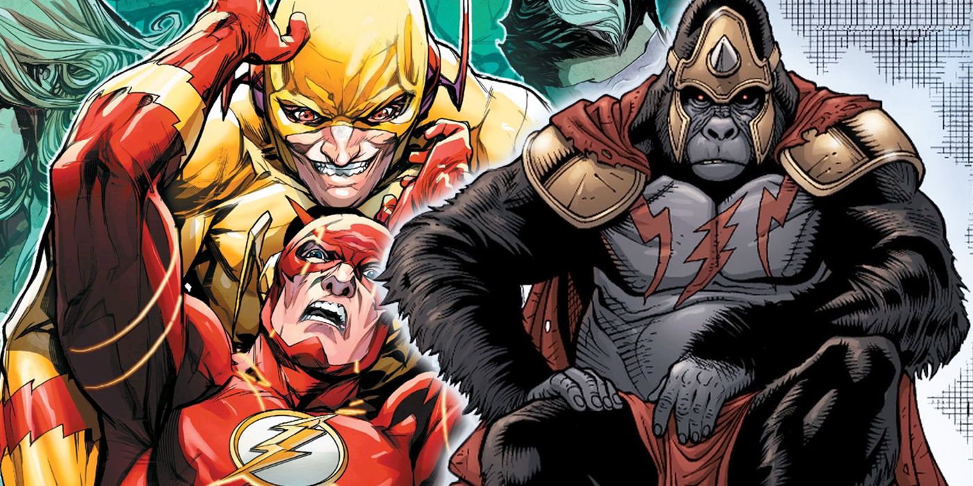 Gorilla Grodd sits wearing armor beside cover artwork of Reverse Flash/Eobard Thawne attacking Flash Barry Allen.