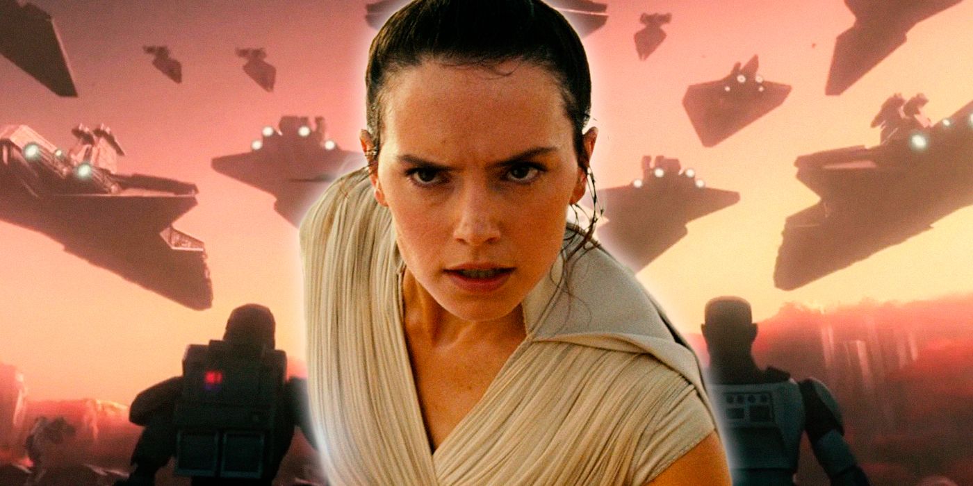 An image of Star Wars' Rey in front of a fleet in The Clone Wars. 