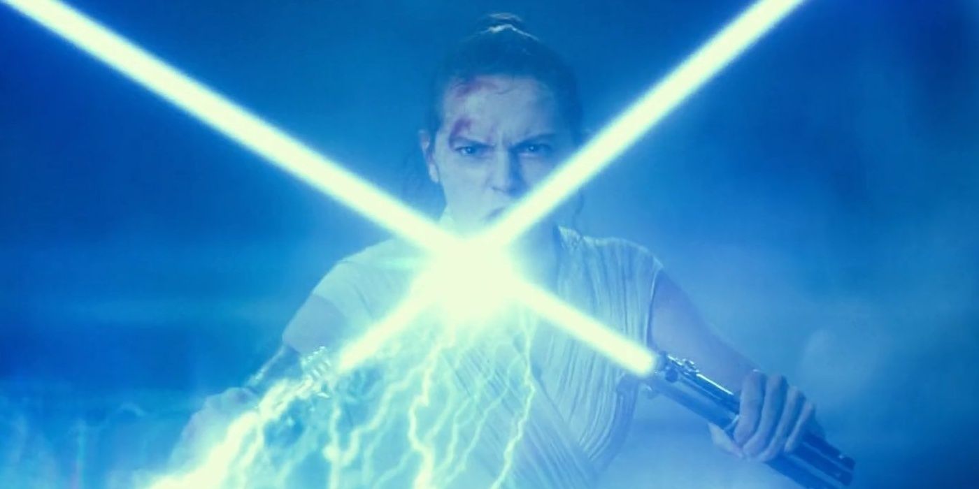 rey using two lightsabers to block force lightning