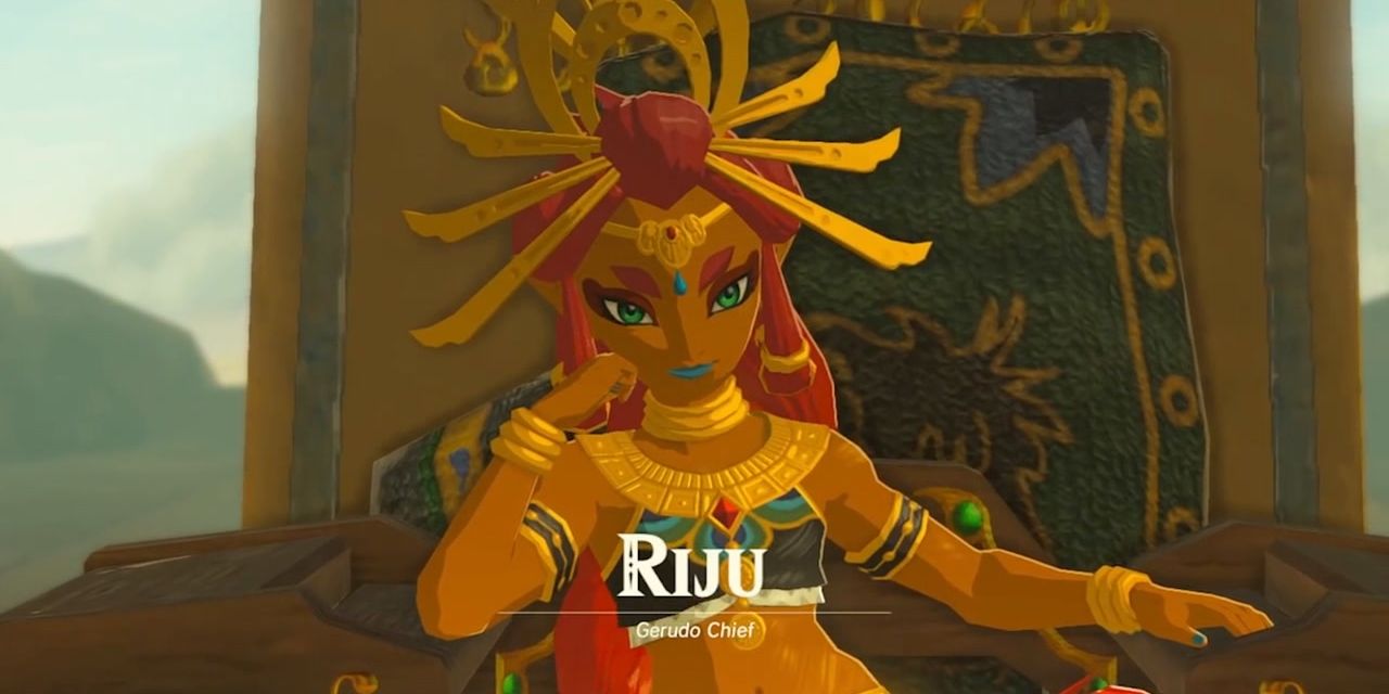 Um close-up de Riju sentada em seu trono em Breath of the Wild