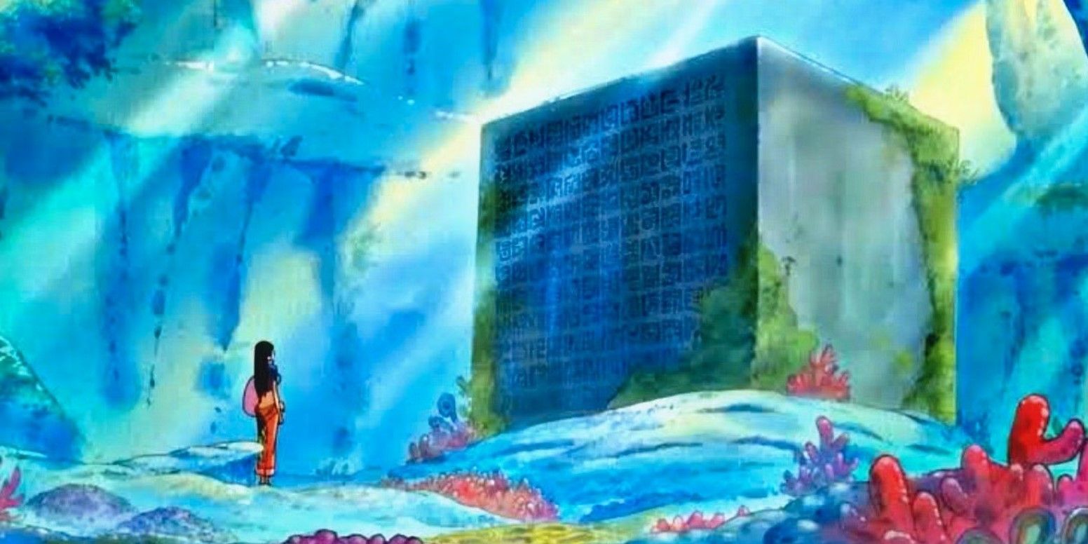 Robin lendo o Poneglyph da Ilha dos Tritões em One Piece