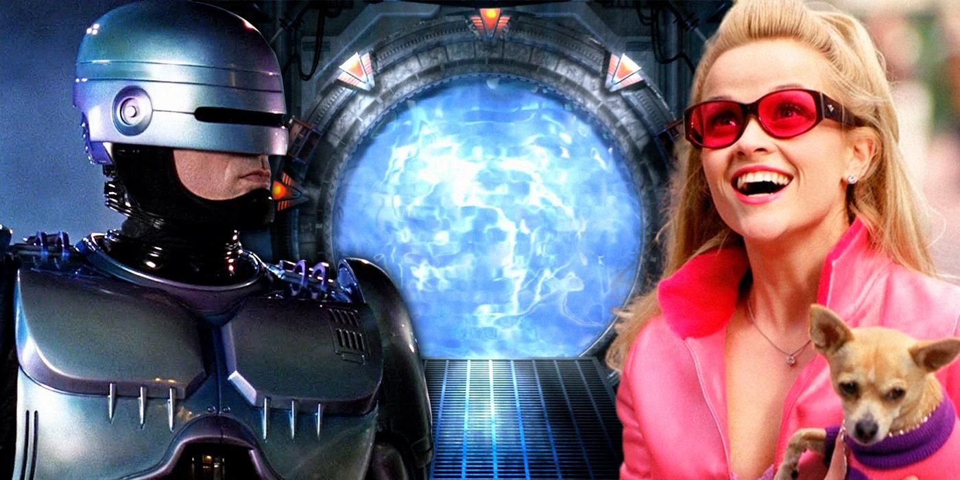 RoboCop stares at Elle Woods while a Stargate portal looms behind them.