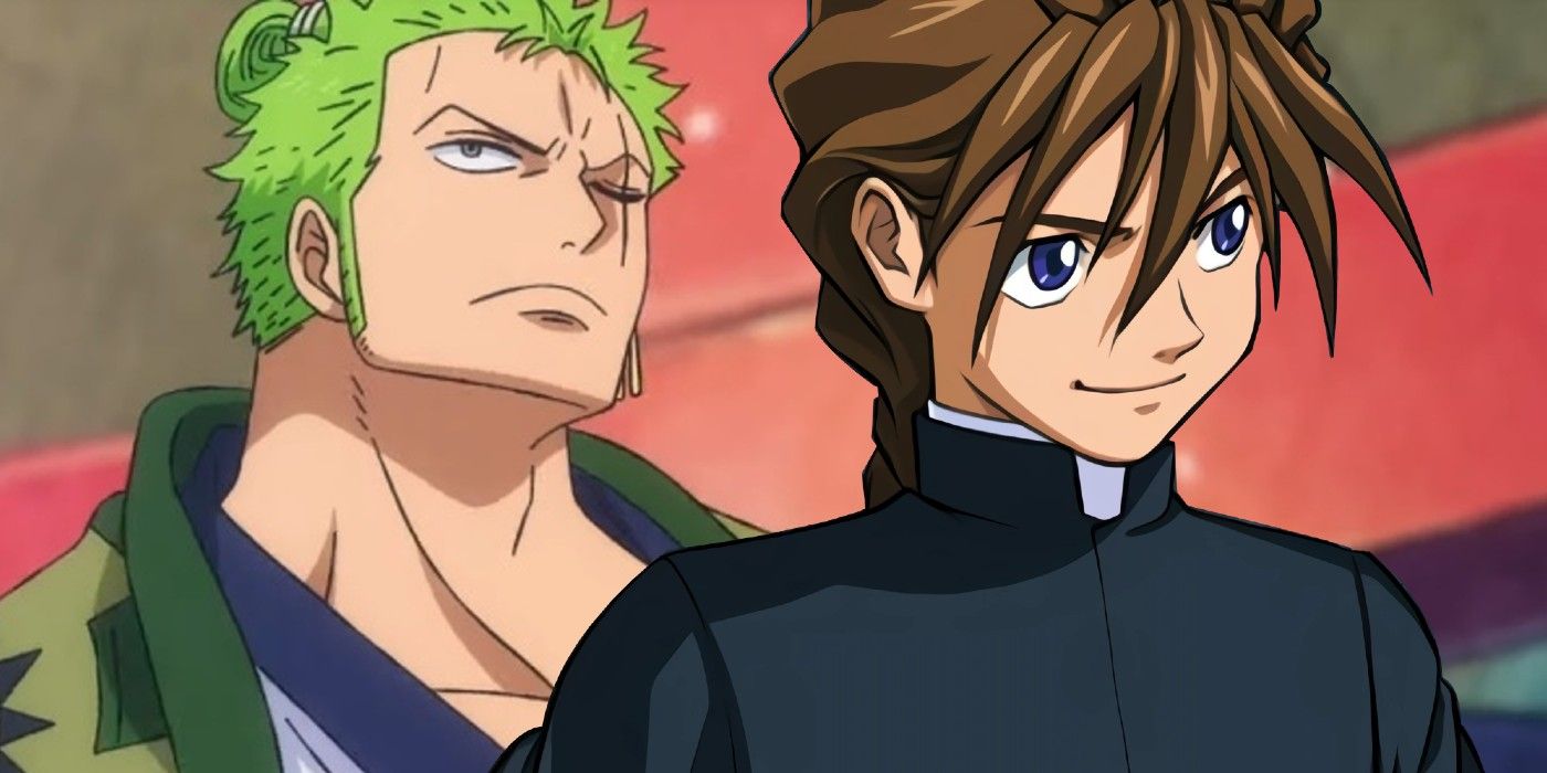 A split image of Rorona Zoro from One Piece and Duo Maxwell from Mobile Suit Gundam Wing