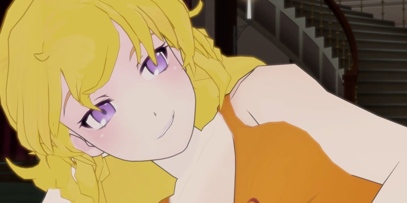 Yang olha alegremente para alguns meninos sem camisa em RWBY Vol.  1