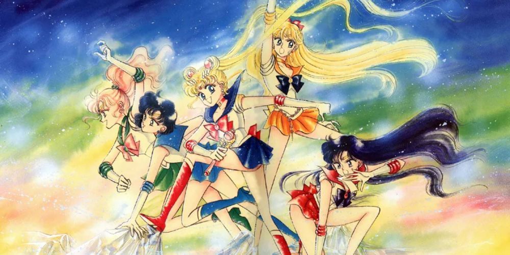 Mangá Sailor Moon: Escoteiros posam em frente ao fundo pastel do arco-íris.