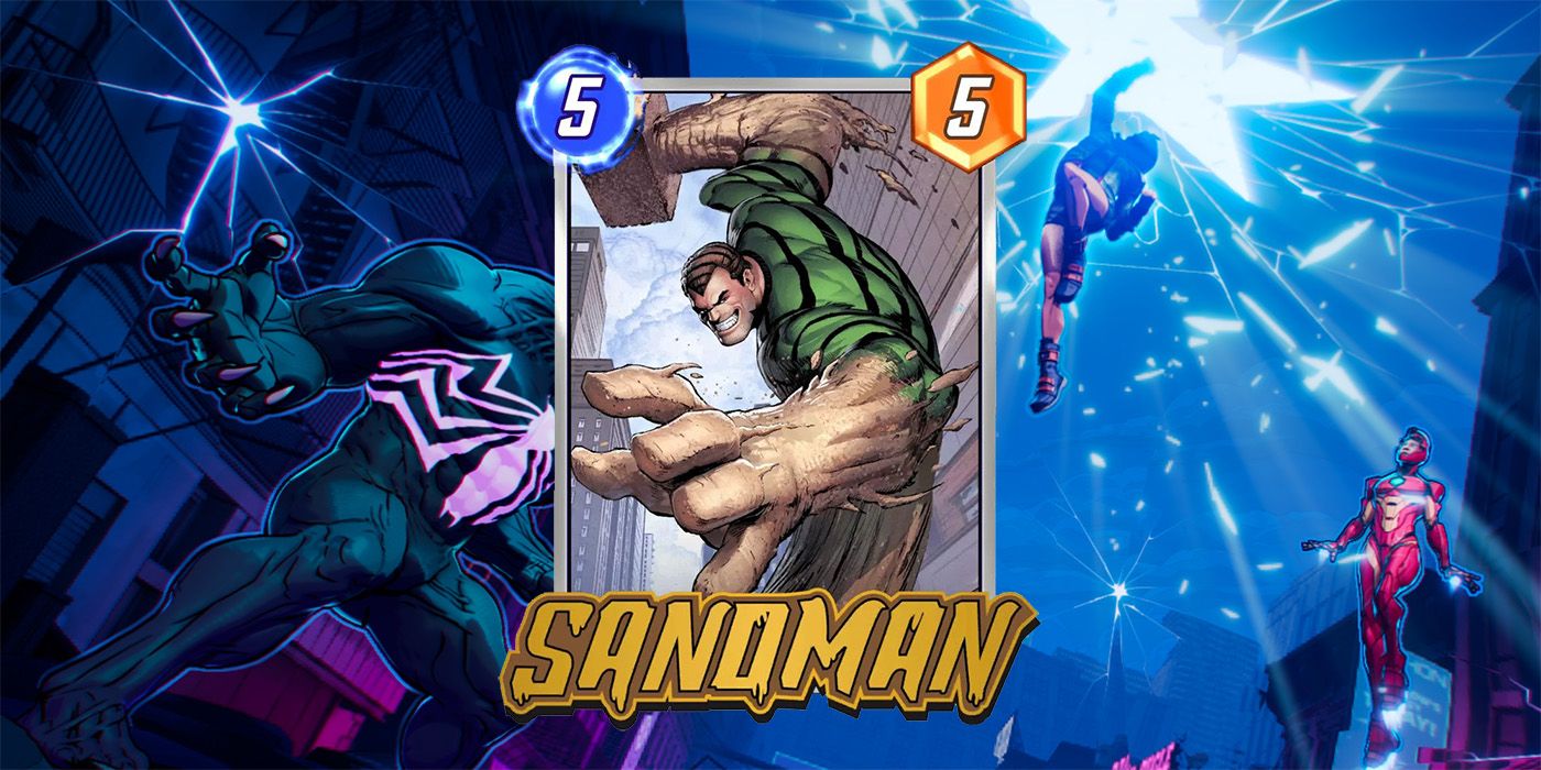 O cartão Marvel Snap Sandman sobreposto em uma imagem promocional