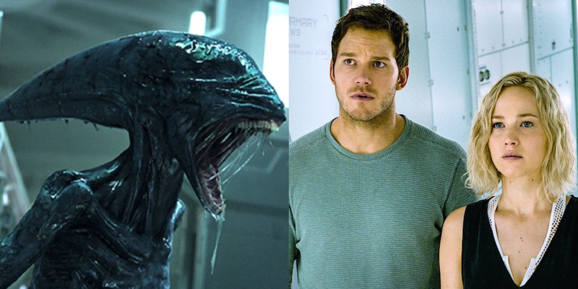 Split image: An alien in Prometheus and Chris Pratt with Jennifer Lawrence in Passengers. 