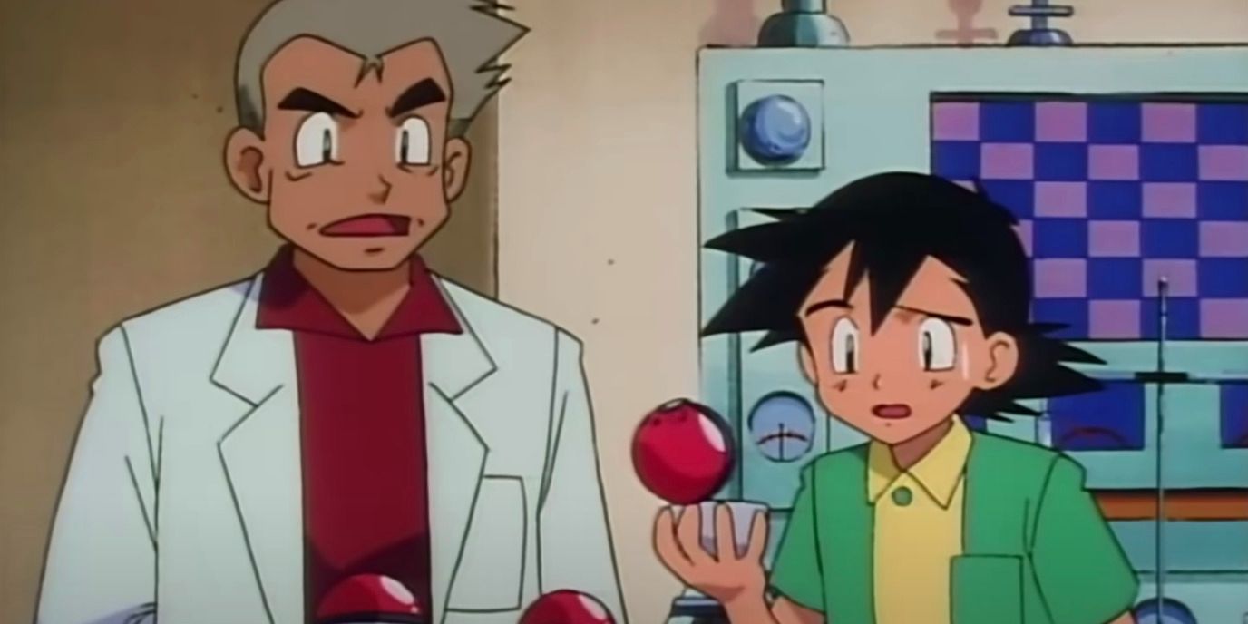 Ash Looking at an Empty Pokeball with Professor Oak