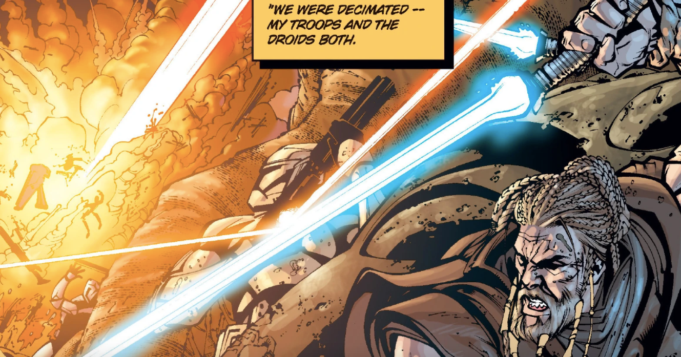 Cavaleiro Jedi Robilo Darté com um sabre de luz crossguard e clone trooper em Star Wars: Republic #61