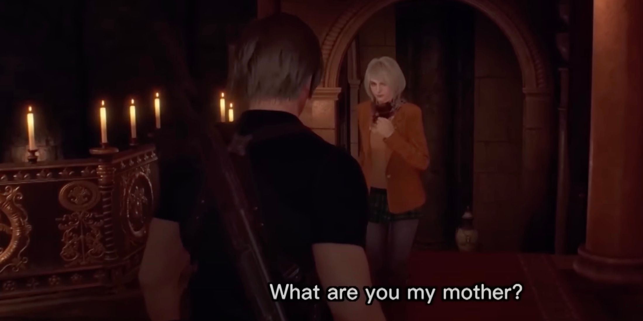 Resident Evil 4 Remake: Leon perguntando a Ashley se ela é sua mãe sarcasticamente