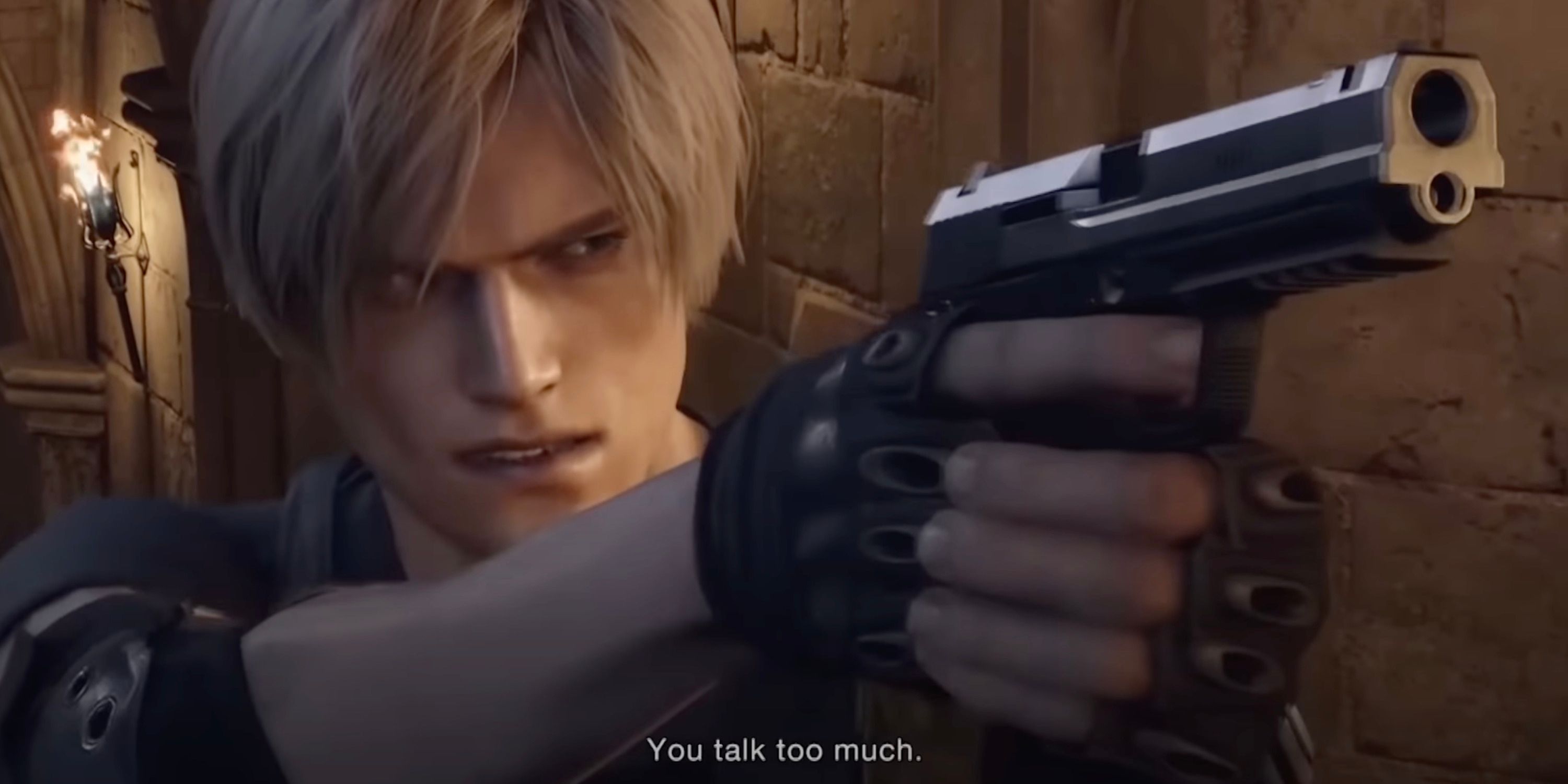 Resident Evil 4 Remake: Leon apontando uma arma para Ramon