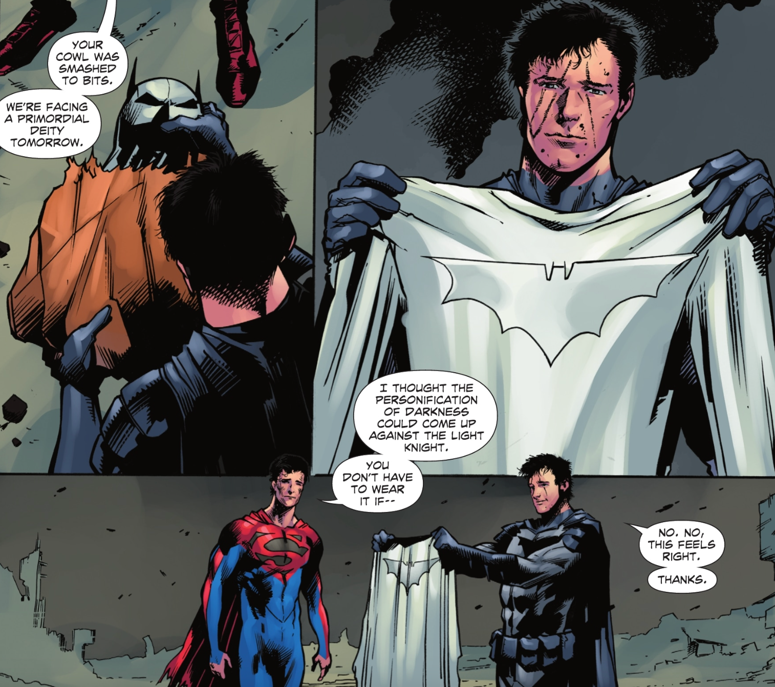 Jon Kent/Superman gives Damian Wayne/Batman a white Batsuit in the last chapter of DC's zombie saga.