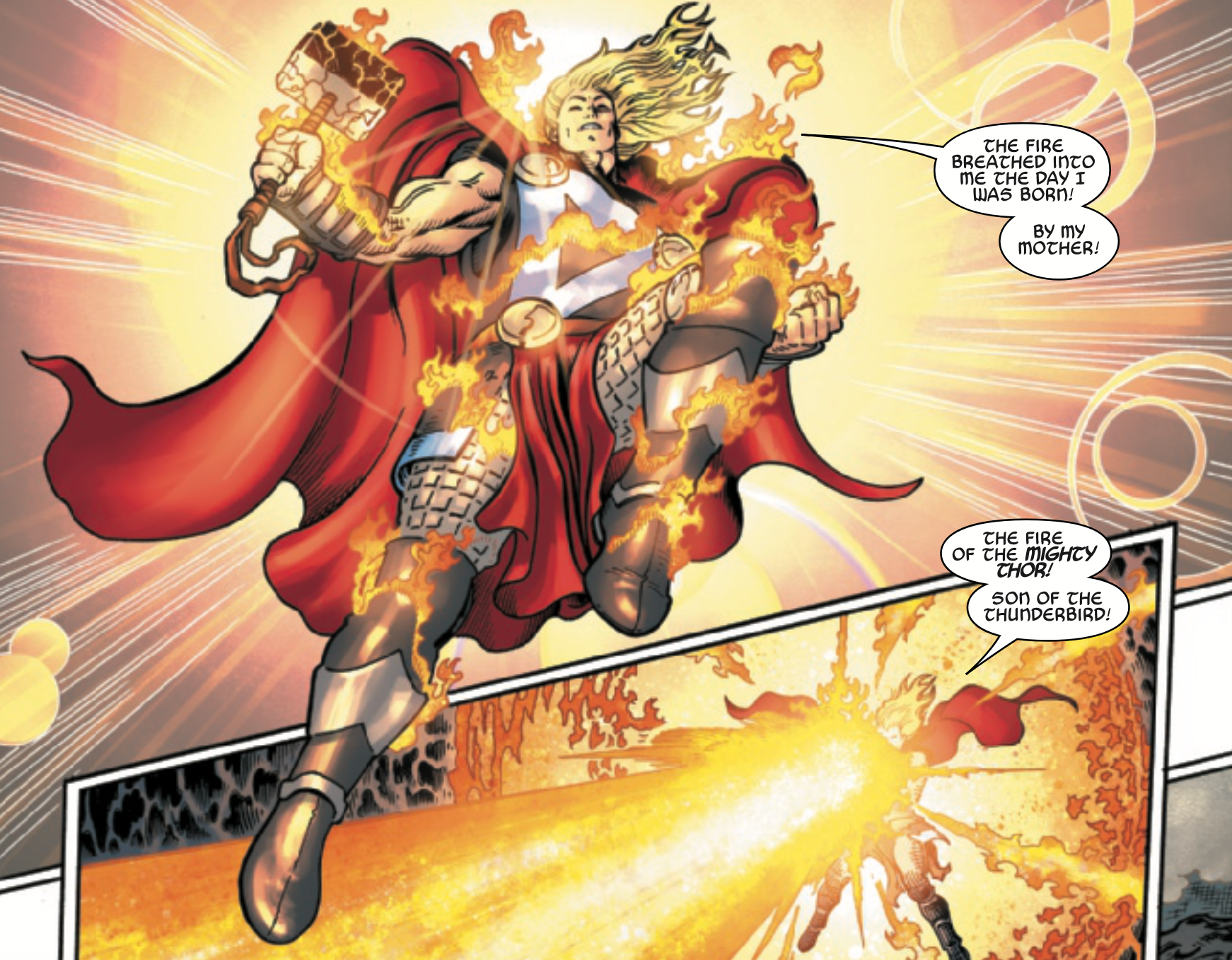 The Mighty Thor debuts a new Phoenix Force superpower tied to his birth in Avengers Assemble: Omega.