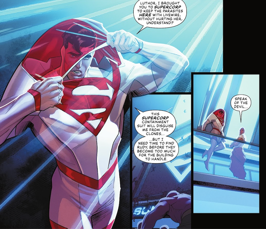 Clark Kent veste seu novo traje de contenção branco, que vem com habilidades raras, em Superman #3.