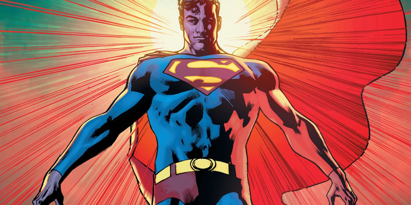 Superman in front of a shining sun in DC Comics.