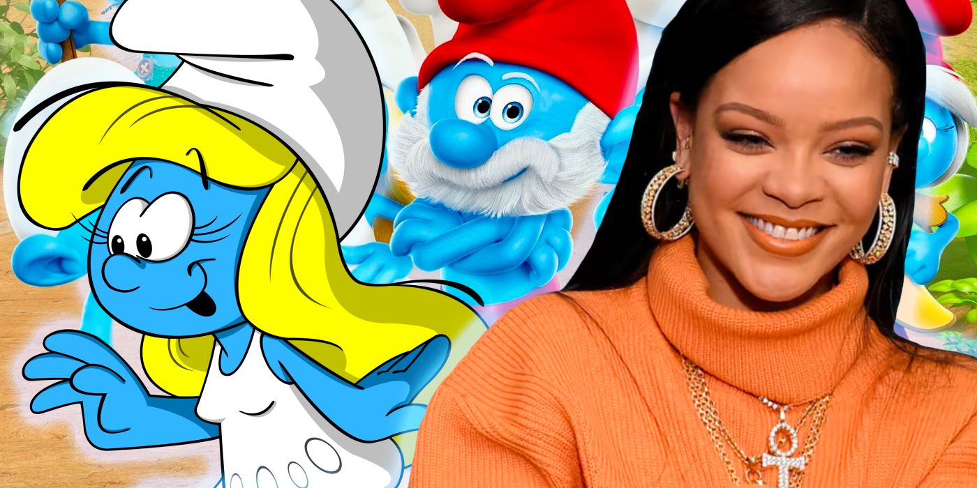 Rihanna with The Smurfs and Smurfette.