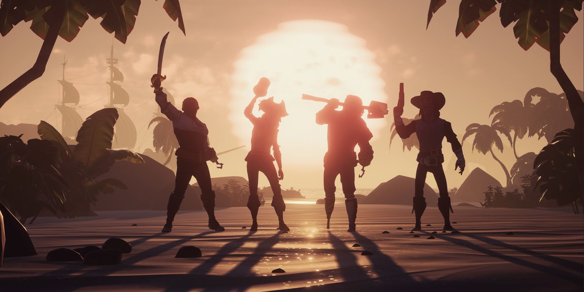 Arte de Sea of ​​Thieves mostrando quatro silhuetas de piratas com um pôr do sol e um navio atrás deles