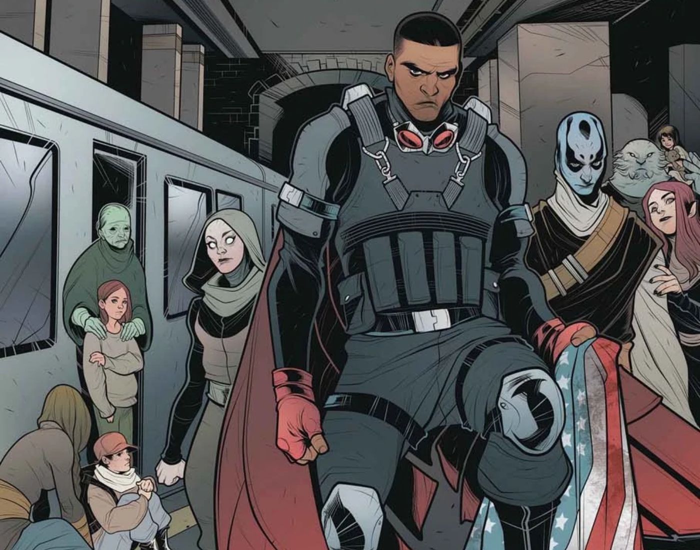 Império Secreto Capitão América Sam Wilson De pé segurando uma bandeira americana suja em um metrô abandonado