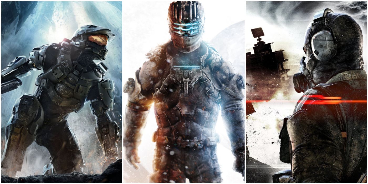 A split image showing Master Chief in Halo 4, Isaac Clarke in Dead Space 3, and Metal Gear Survive game