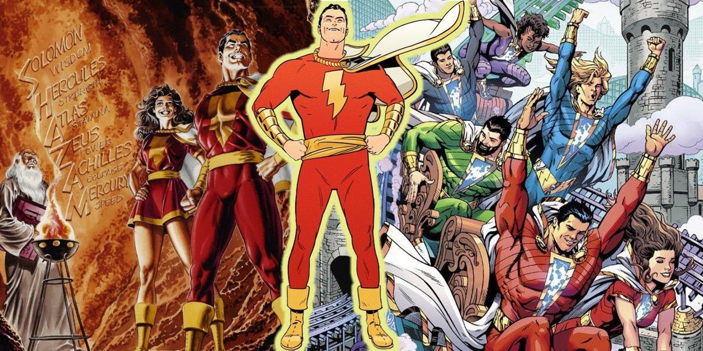 Shazam showing off Doc Shaner's depiction of Captain Marvel with covers by Jerry Ordway and Dale Eaglesham on either side