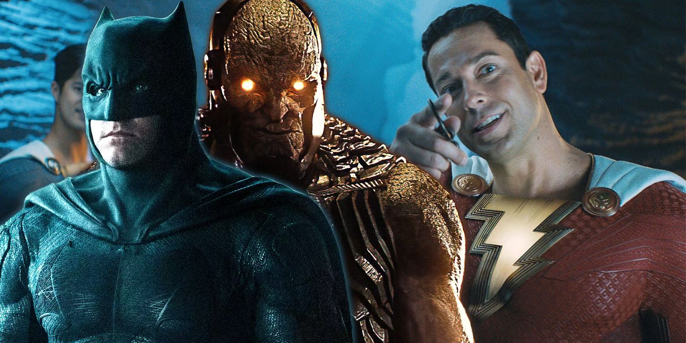 Batman (Ben Affleck) and Darkseid beside Shazam (Zachary Levi) in Shazam! Fury of the Gods (2023).