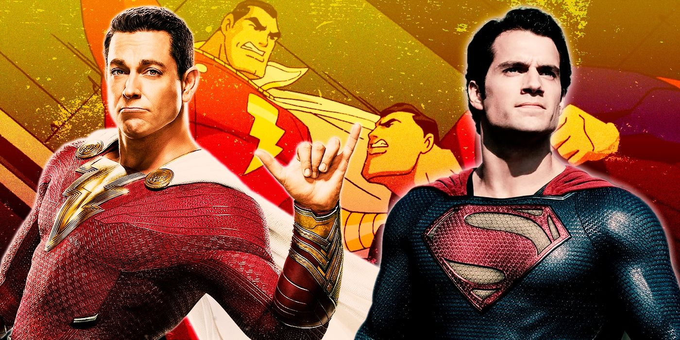 Zachary Levi's Shazam and Henry Cavill's Superman in front of their animated DCAU counterparts