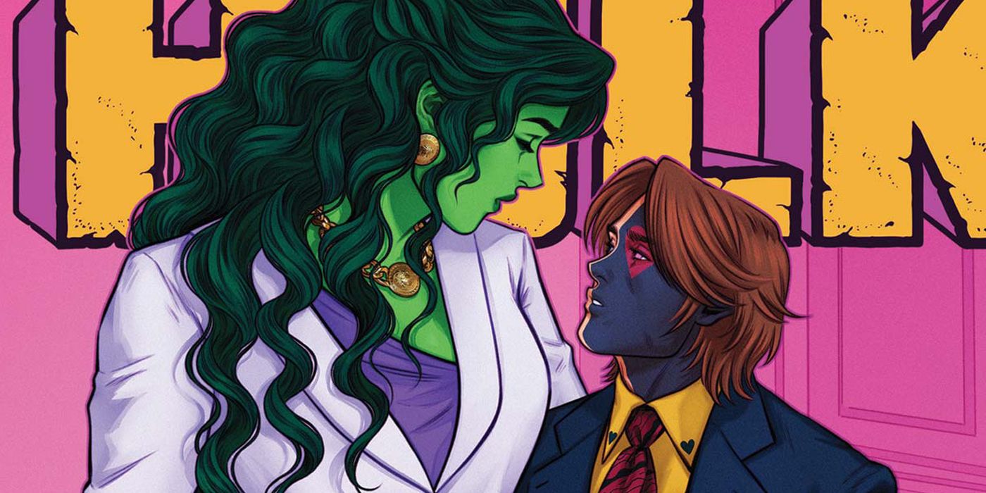 She-Hulk/Jennifer Walters is about to kiss Jack of Hearts on the main cover for She-Hulk #9 from Marvel Comics.